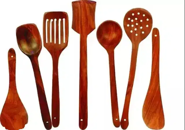 Serving and Cooking Spoon Spatula Set (Brown, Set of 7)