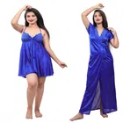Satin Solid Nightdress Set for Women (Blue, XL)