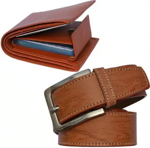 Synthetic Wallet with Formal Belt for Men (Brown, Pack of 2)