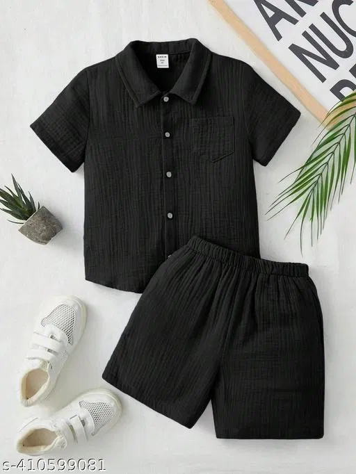 Cotton Spandex Shirt and Short Set for Boys (Black, 2-3 Years)