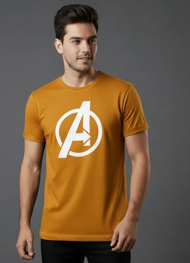Cottont Blend  Printed T-shirt For Men, Mustard (M)