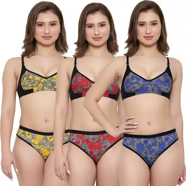 Cotton Blend Lingerie Set for Women (Multicolor, 36) (Set of 3)