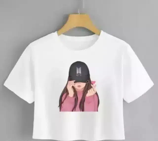 Printed Crop T-shirt for Women (White, M)