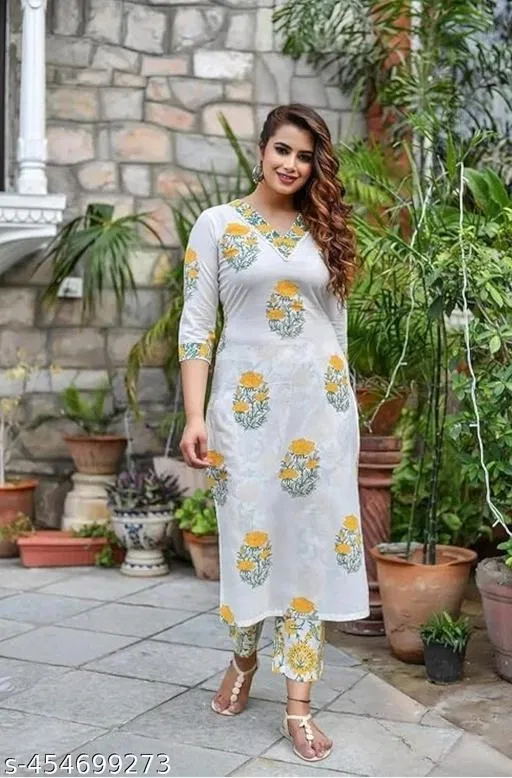 Rayon Printed Kurta with Pant for Women, White (XL)