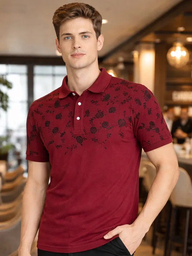 Polo Printed Cotton Blend T-shirt for Men (Maroon, M)