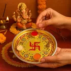 पूजा थाली विद स्वास्तिक डिज़ाइन विद कुमकुम, हल्दी एंड राइस होल्डर्स 