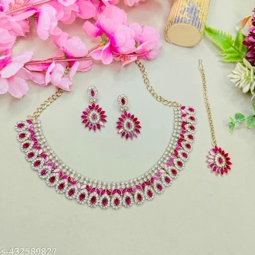 Mehandi Finish Classic Design Partywear Diamond Necklace Set for Women (Pink, Free Size)