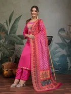 Cotton Blend Printed Kurti With Pant & Dupatta for Women, Pink 