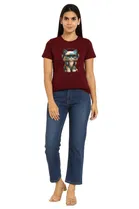 Cotton Blend Printed T-shirt for Women, Maroon 