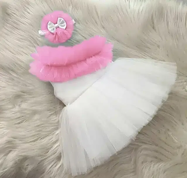 Netted Frock for Girls (Pink & White, 1-2 Years)