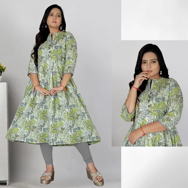 Cotton Silk Printed Kurti for Women, Mint Green (XL)