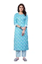 Cotton Blend Solid Kurta with Bottomwear for Women (Sky Blue, S)