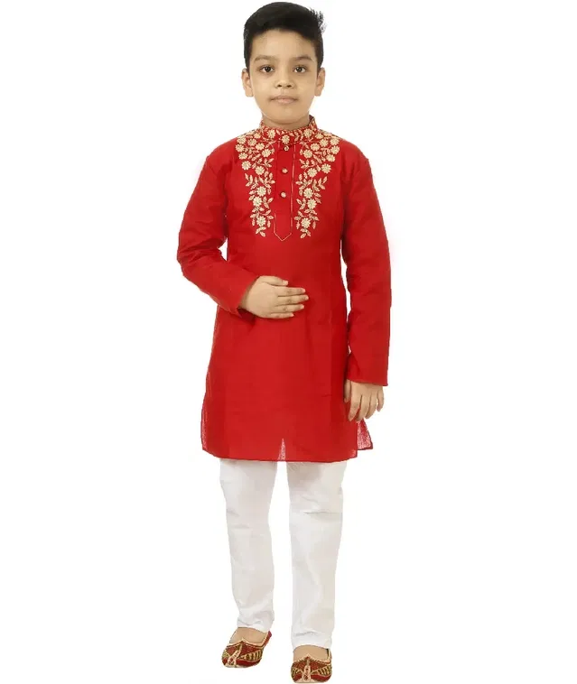 Cotton Embroidery Kurta & Pajama Set for Boys (Red & White, 9-10 Years)