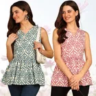 Rayon Printed Flared Top for Women (Teal & Pink, S) (Pack of 2)