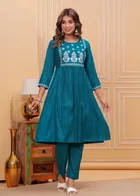 Rayon Embroidered Women's Kurta with Pant Set (Teal, XXL)