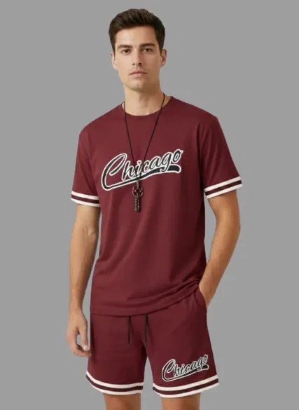 Polyester Chicago Printed T-shirt With Matching Shorts, Wine (XXL)