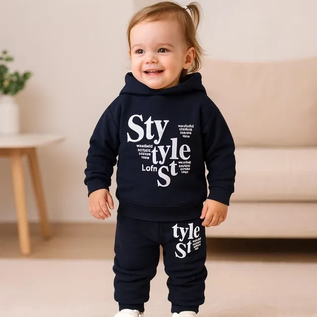 Cotton Hosiery Printed Clothing Set for Boys, Navy Blue (0-6 Months)
