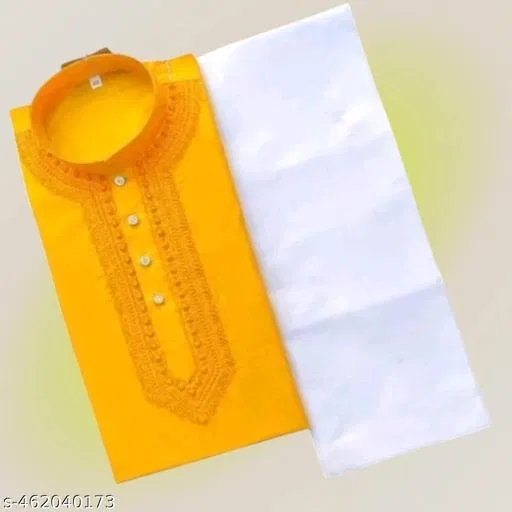 Cotton Solid Kurta Set for Men, Yellow & White (L)