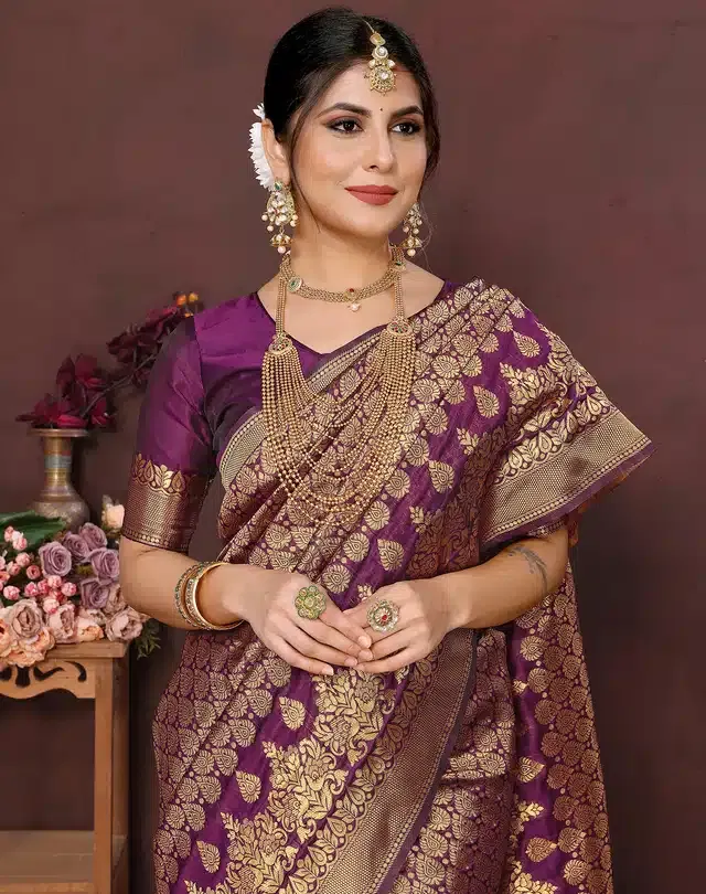 Banarasi Silk Zari Woven Saree for Women (Purple, 6 m)