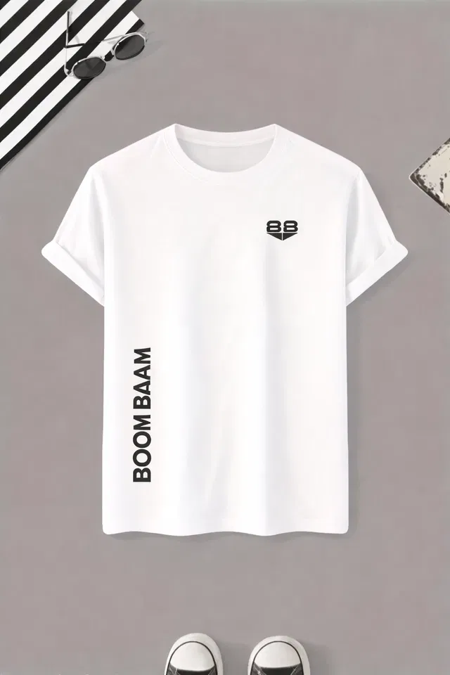 Polyester Printed Round Neck T-shirt for Men, White (L)
