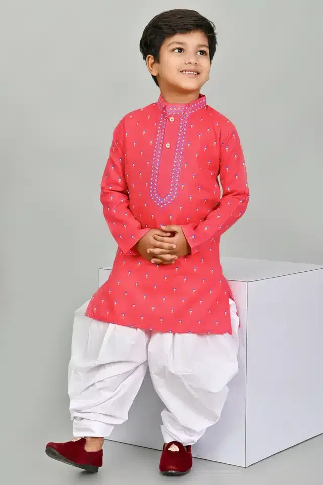 Cotton Printed Kurta with Patiyala Set for Boys (Orange & White, 7-8 Years)