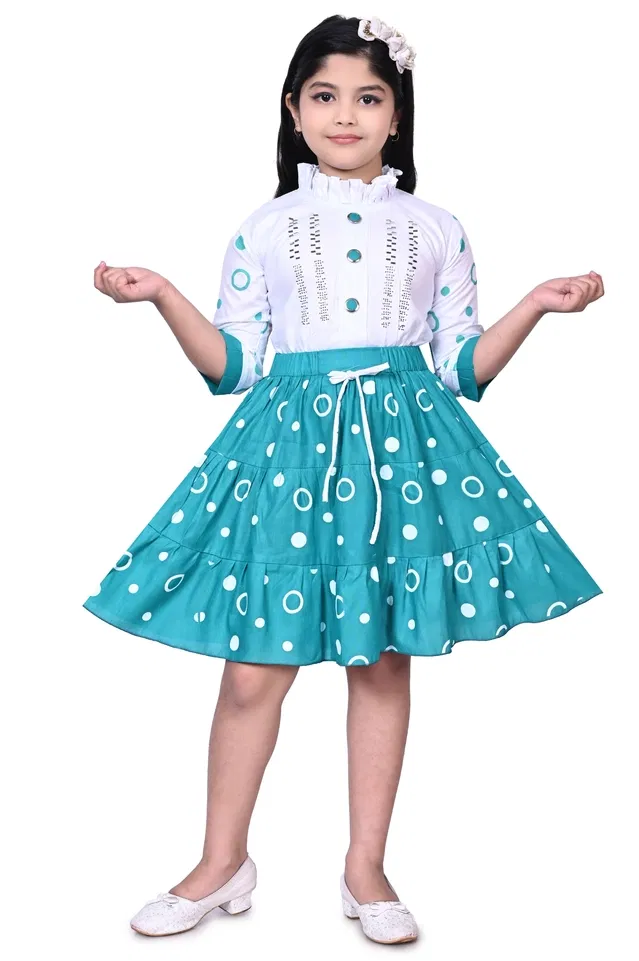 Cotton Printed Frock for Girls (Green & White, 4-5 Years)