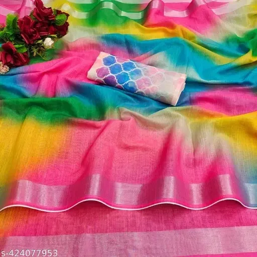 Cotton Linen Printed Saree for Women (Multicolor, 6.3 m)