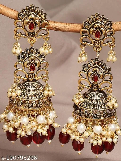 HighGold oxidised Maroon Crystal Pearl Premium Jhumkha for Women (Maroon, Free Size)