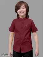 Solid Cotton Blend Mandarin Collar Short Sleeve Shirt for Boys 