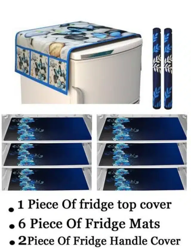 Knit Printed Fridge 6 Pcs Mat with 2 Pcs Handle & Top Cover (Multicolor, Set of 1)