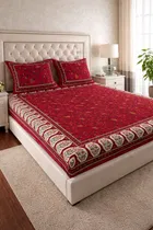 Jaipuri Cotton Double Bedsheet with 2 Pillow Covers | 80x90 Inch | Floral Red | Traditional Rajasthani Print