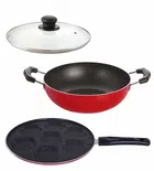 Aluminium Nonstick Tawa with Kadhai & Glass Lid Set (Red, Set of 3)