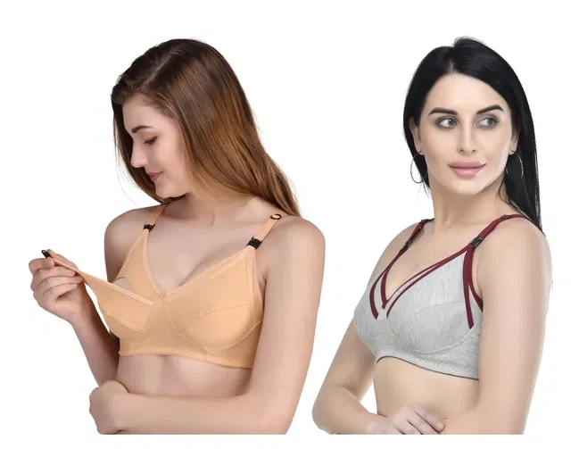 Cotton Blend Solid Non Padded Feeding Bras for Women (Multicolor, 32) (Pack of 2)