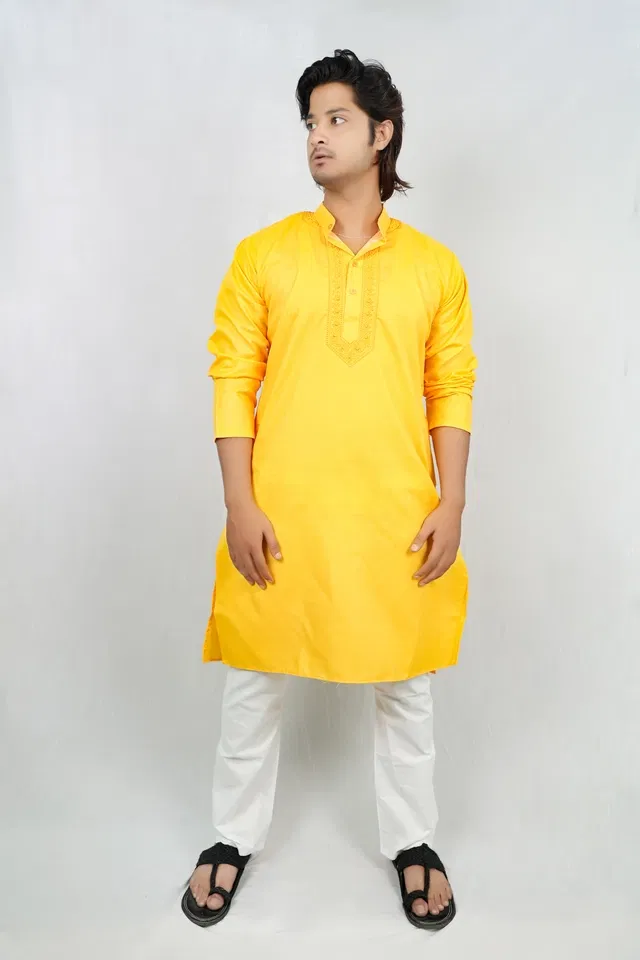Cotton Solid Kurta with Pyjama for Men (Yellow & White, M)