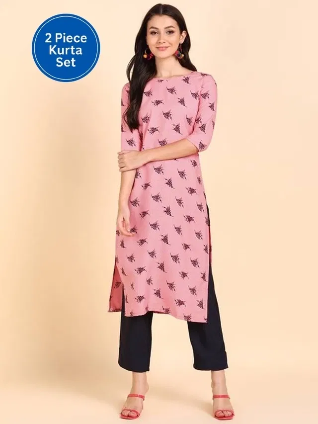 Crepe Block Print Women's Kurta with Pant Set (Pink, L)