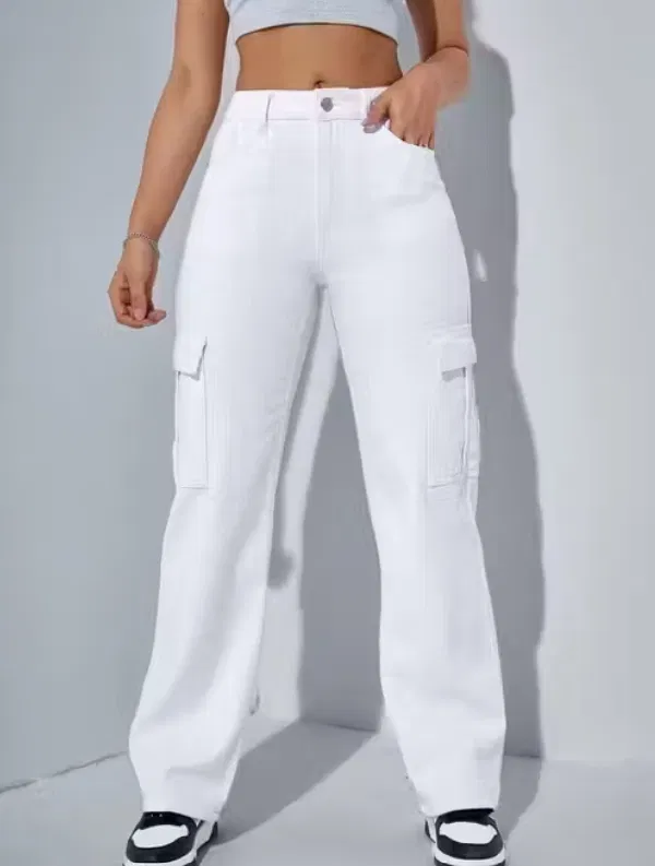 Knitted Poly twill Cargo Trouser / Pant for Women (White, L)