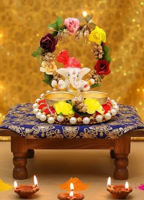 Metal Decoretive Pooja Thali, Multicolour Pack of 1