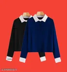 Cotton Blend Solid Polo T-Shirt for Women, Blue & Black, Pack of 2 