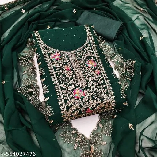 Embroidered Patiala Suits for Women (Green, Size 6.05 meter (M)) (Green, 6.45 meter (XL)