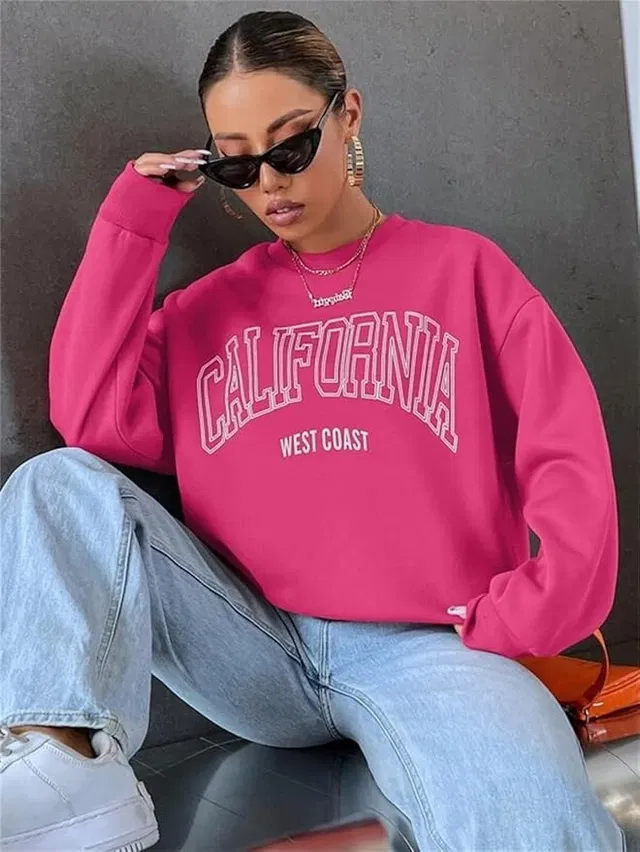 Women's Graphic Print Long Sleeve Round Neck Sweatshirt (Pink-L)