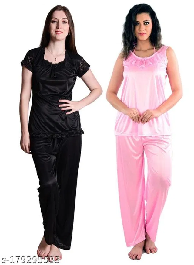 Satin Nightsuit Set for Women (Black & Pink, M) (Set of 2)
