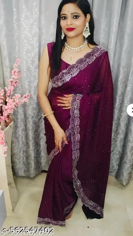 Georgette Solid Saree For Women, Purple