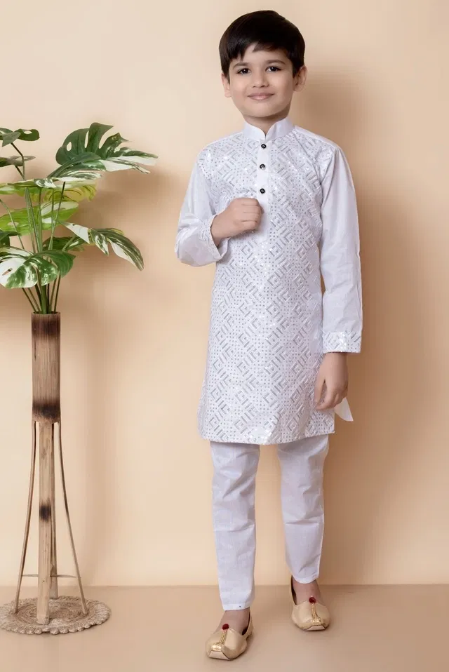 Cotton Embellished Kurta with Payjama for Boys, White (4-5 Years)