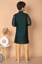 Dupion Silk Embellished Kurta with Payjama for Boys, Bottle Green & Beige 