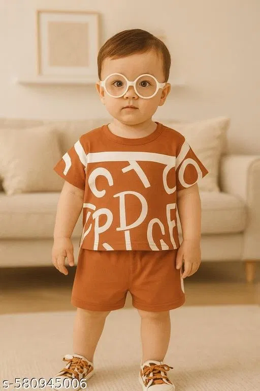 Hosiery Cotton Printed Clothing Set for Kids, Brown (0-3 Months)