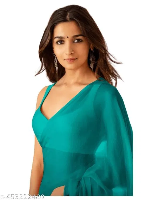 Plain Pure Georgette Alia Bhatt Saree for Women (Green)