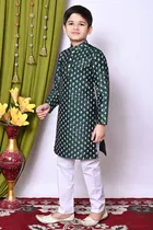Dupion Silk Printed Kurta with Payjama for Boys, Bottle Green & White 