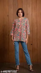 Cotton Printed Short Kurti for Women, Pink 