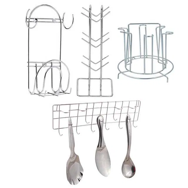 Stainless Steel Cup Stand Cup Holder & Glass Stand & Chakla Belan Stand With Hook & Hook Rail For Kitchen (Set of 4) (OC-044)