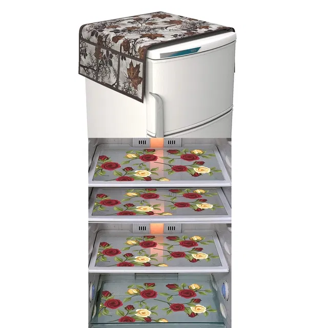 PVC Fridge Top Cover with 4 Pcs Shelf Mat (Multicolor, Set of 5)